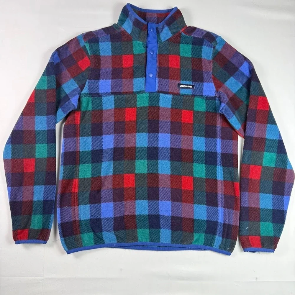 Lands End Mens Small Fleece Pullover Snap Neck Plaid Buffalo Check Multicolor
